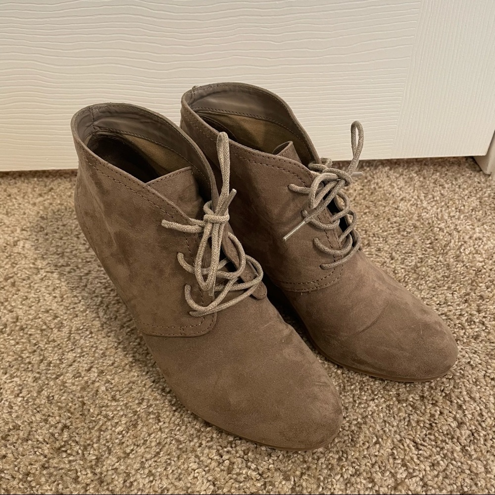 Tan lace up wedge heels